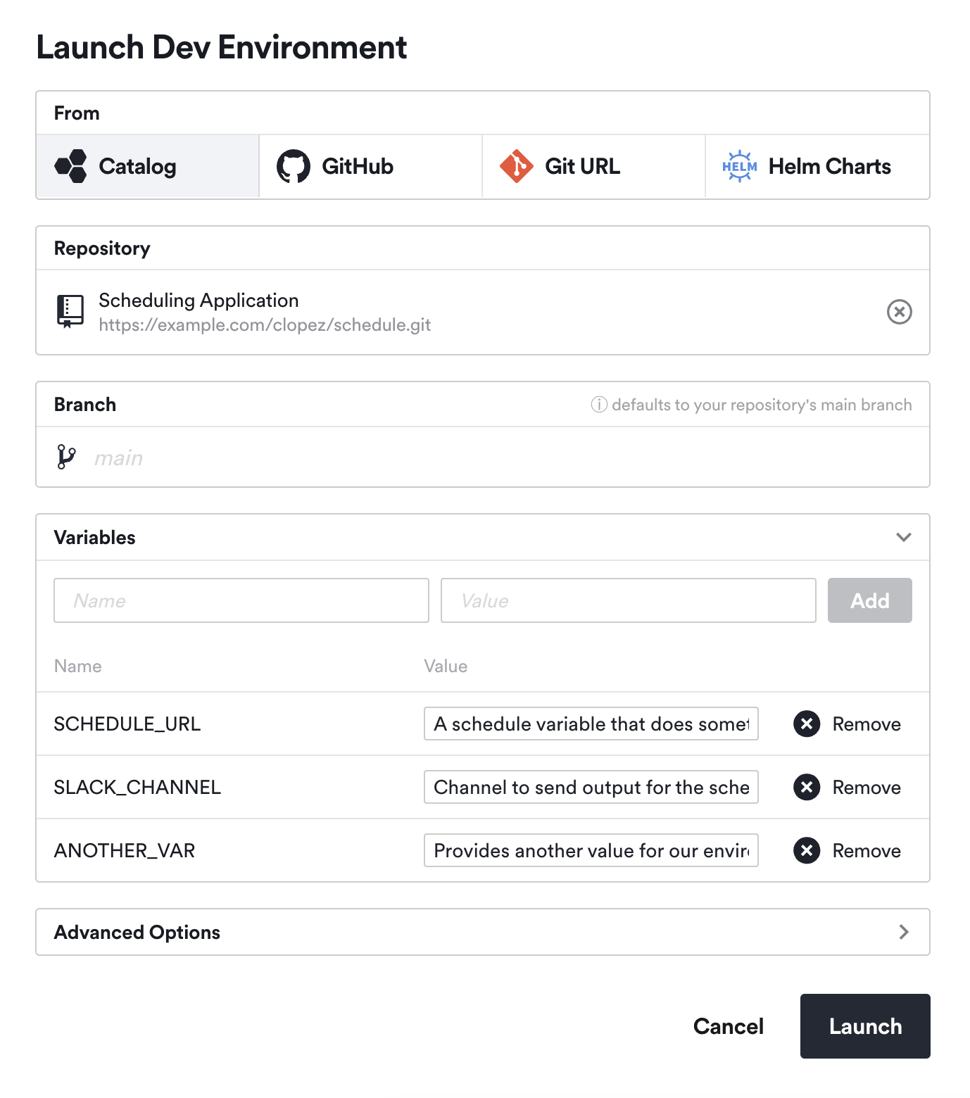 view a git catalog repo's environment variables